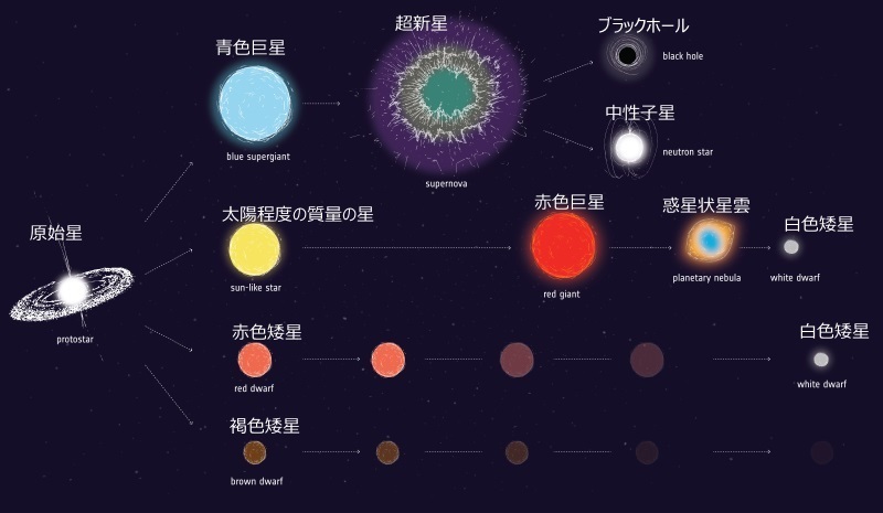 質量に応じた星の進化を示すイラスト